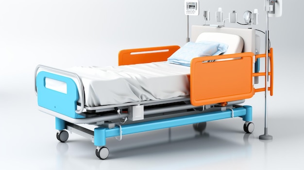 Uma cama de hospital com uma moldura azul e laranja elegante destacando-se contra um fundo simples