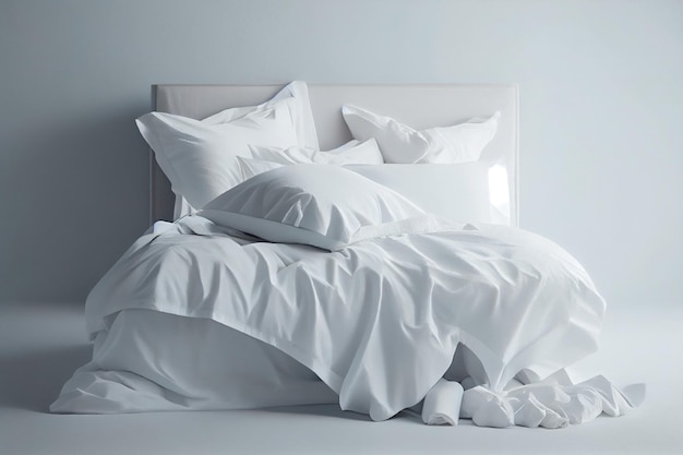 Uma cama de quarto minimalista com lençóis brancos e limpos, travesseiros confortáveis e um cobertor, um local para cópias IA generativa