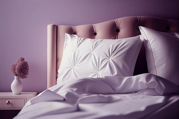 Uma cama de quarto minimalista com lençóis brancos limpos, travesseiros confortáveis e colcha em um fundo roxo delicado de paredes lilás um local de cópia Generative AI