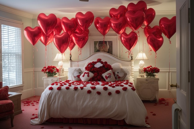 Uma cama em forma de coração com corações e flores no meio