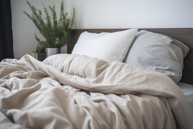 Uma cama feita com um travesseiro fofo e um cobertor dobrado