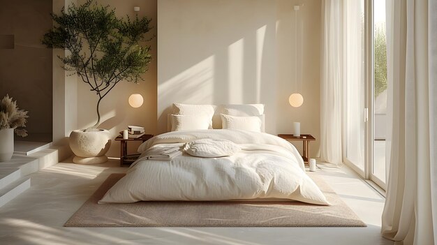 Uma cama grande está centrada em um quarto espaçoso com um teto branco e paredes com luz natural