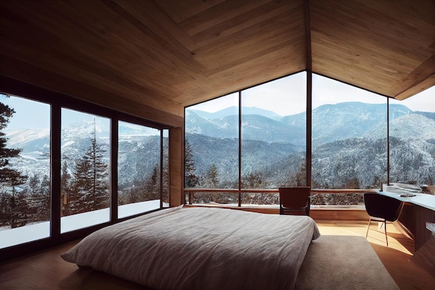 Uma cama grande no quarto com janelas panorâmicas em toda a área com vista para a paisagem de neve