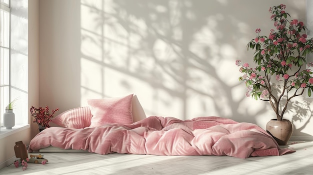 Uma cama não feita uma roupa de cama a quadros e almofadas em um fundo de parede branca dão a este quarto uma sensação aconchegante e aconchegeira renderização 3D de um interior de quarto em casa