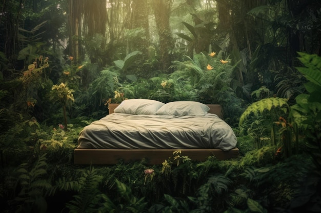 Uma cama numa floresta tropical criada com tecnologia de IA generativa.