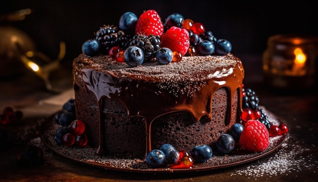 Uma camada de bolo de aniversário rústico com mousse de chocolate amargo gerada por IA