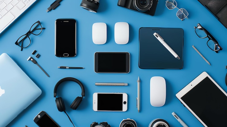 Foto uma camada plana de tecnologia moderna em um fundo azul