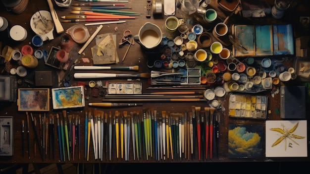 Uma camada plana organizada de suprimentos de arte, incluindo pintura Ai Generative