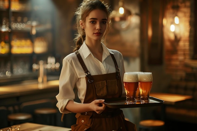 Foto uma camareira bonita a servir copos de cerveja aos clientes.