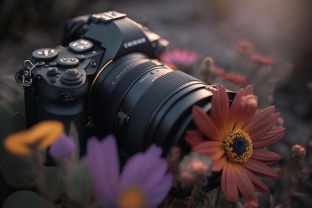 Uma câmera canon com uma flor roxa em primeiro plano