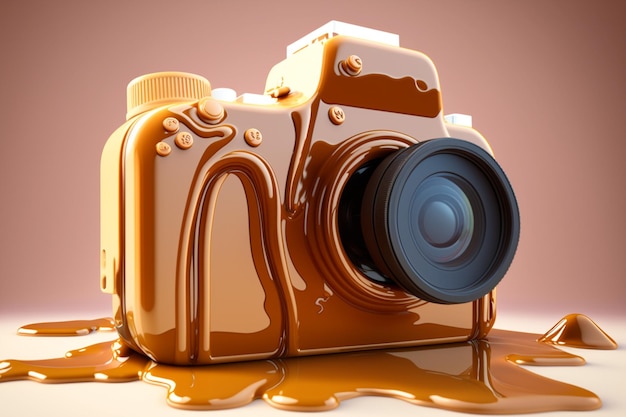 Uma câmera com um líquido marrom pingando