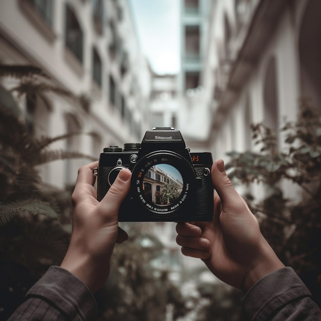 Uma câmera com uma foto da cidade de barcelona na lente