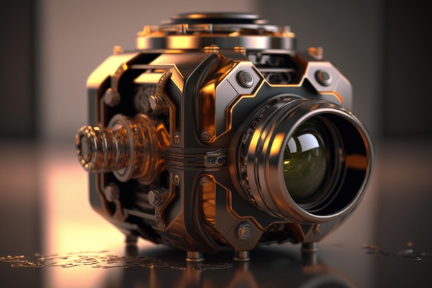 Uma câmera com uma lente que tem um anel de metal ao seu redor.