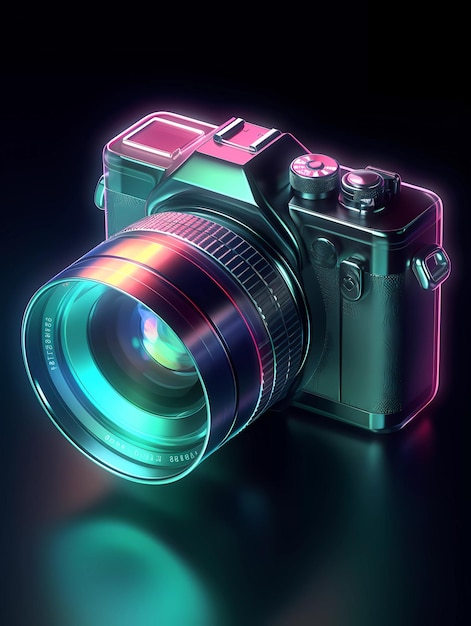 Uma câmera com uma lente verde neon
