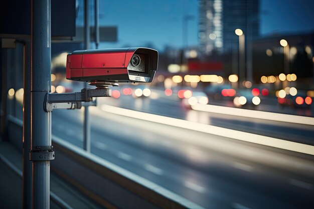 Foto uma câmera de cctv em uma estrada monitorando carros de trânsito em uma cidade
