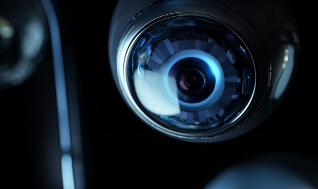 Uma câmera de vigilância na forma de um olho com uma lente azul olha de cima para baixo. Tecnologias de IA do futuro. Lente da câmera
