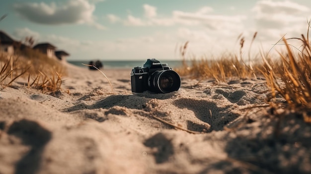 Uma câmera em uma praia com um céu azul ao fundo