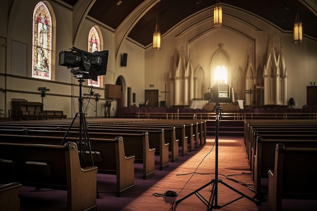 uma câmera montada em um tripé em frente a uma igreja.