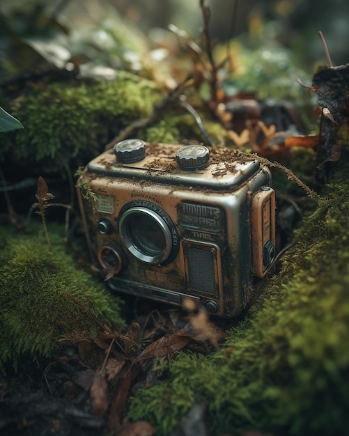 Uma câmera na floresta com a palavra câmera nela