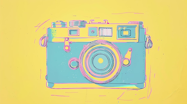 Uma câmera retro com um fundo amarelo A câmera é azul e tem um contorno rosa