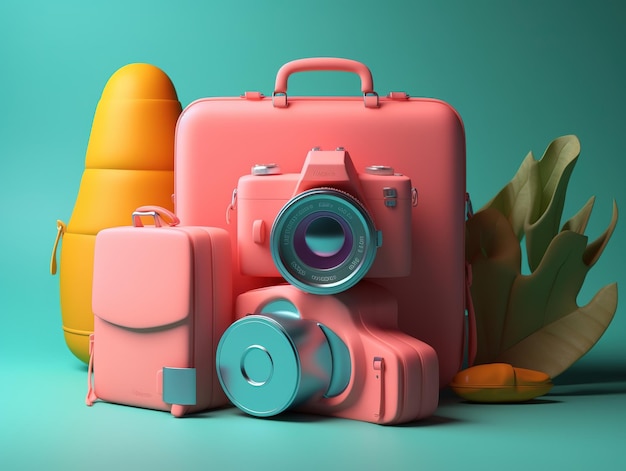 Uma câmera rosa com uma lente verde nela