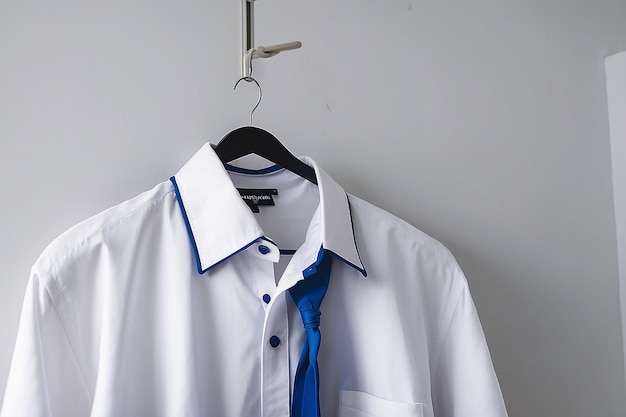 Uma camisa branca com um colarinho azul pendurada em um cabide em uma sala