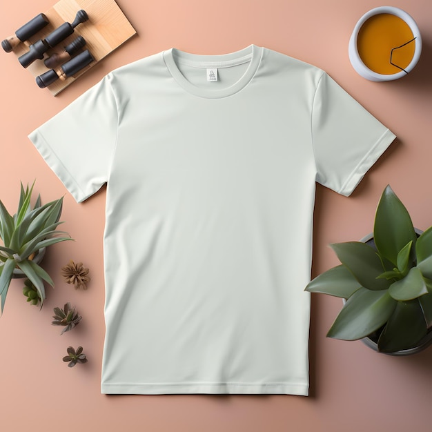 uma camisa branca e uma planta sobre uma mesa