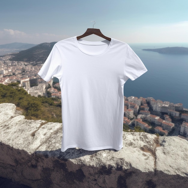 Uma camisa branca está pendurada na frente de uma paisagem urbana