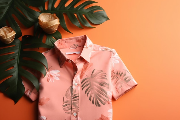 Uma camisa havaiana rosa com uma folha de palmeira na frente e uma planta tropical à esquerda.