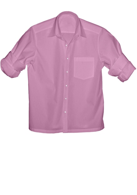 Uma camisa rosa com colarinho branco e um bolso azul