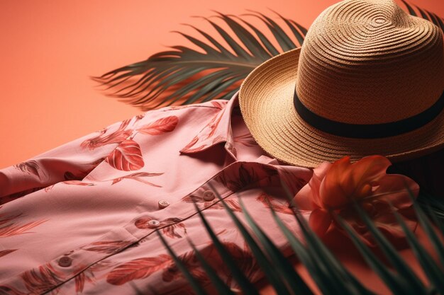 Uma camisa rosa com uma flor sobre um fundo laranja com uma planta tropical e um chapéu.