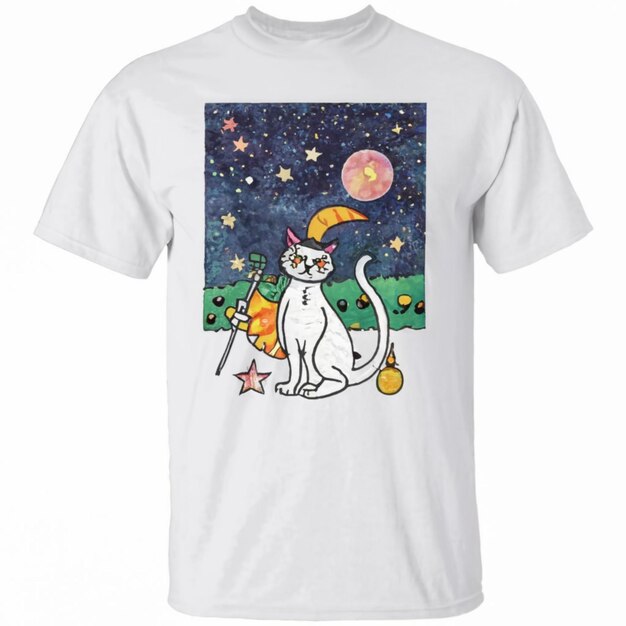 uma camiseta branca com um gato e uma lua nela