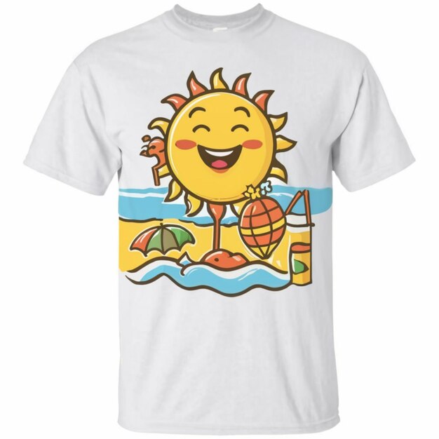 Foto uma camiseta branca com um sol em cima está mostrando um sol sorridente em cima dela