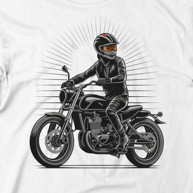 uma camiseta branca com uma imagem em preto e branco de um homem em uma motocicleta