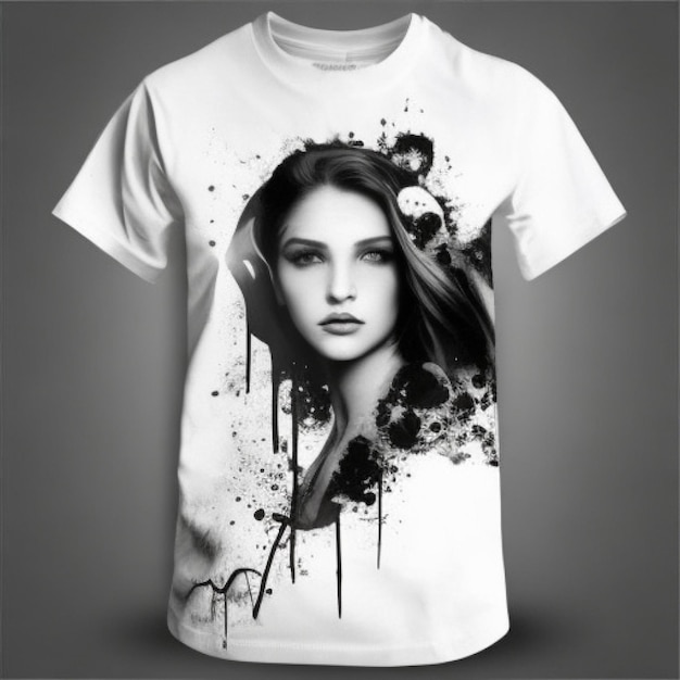 Uma camiseta branca com uma imagem em preto e branco de um modelo de mulher