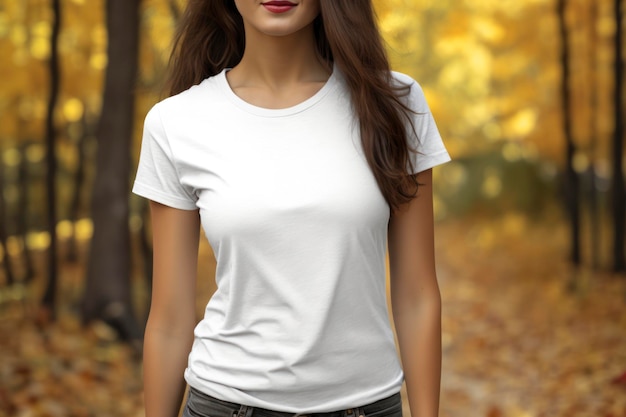 Uma camiseta branca em branco usada por uma modelo feminina de estilo casual é outono lá fora