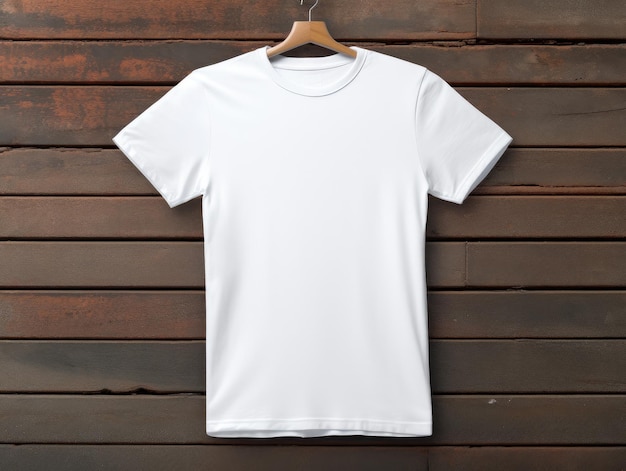 Uma camiseta branca em um gancho Mockup de uma camiseta masculina branca em fundo de madeira Lugar para logotipo