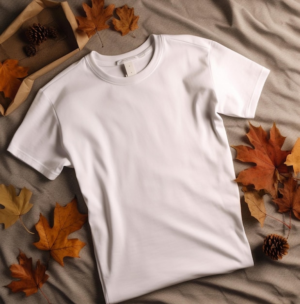 Uma camiseta branca está sobre uma cama com folhas e uma caixa de madeira no chão.