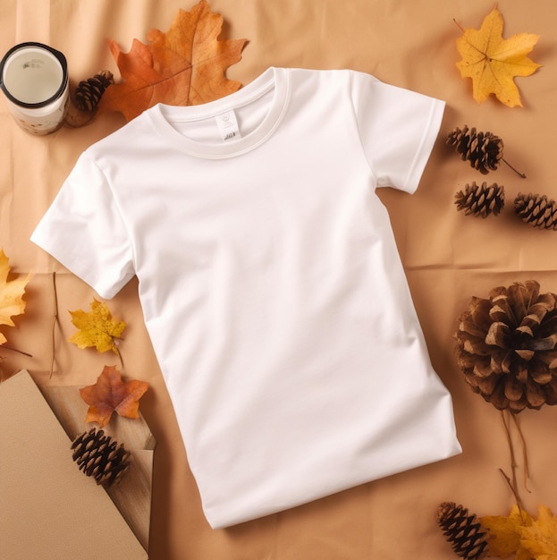 Uma camiseta branca está sobre uma mesa com folhas e uma xícara de café.