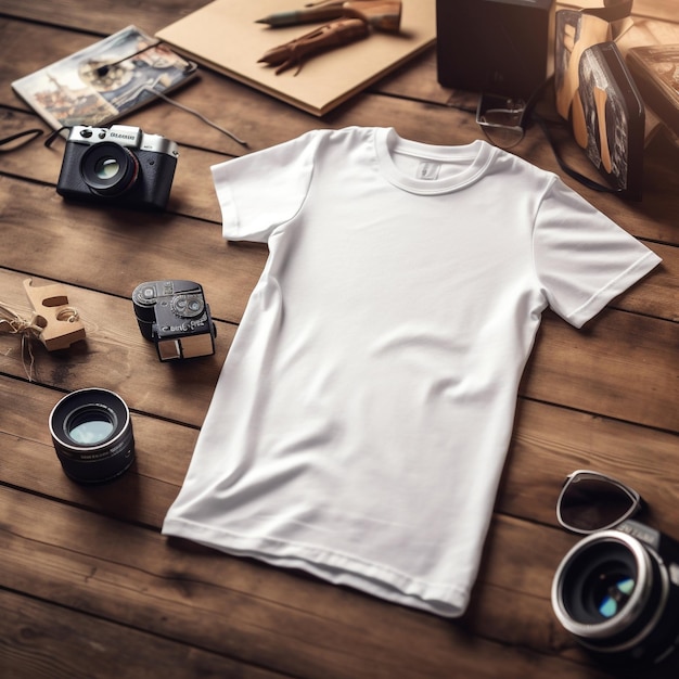 Uma camiseta branca está sobre uma mesa de madeira ao lado de uma câmera e uma câmera.