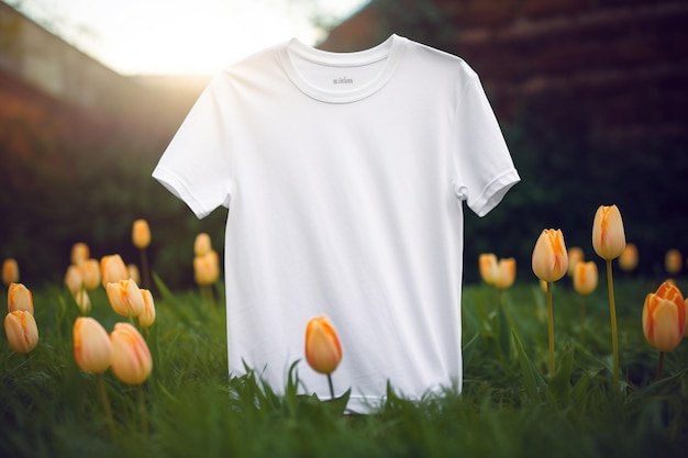 Uma camiseta branca fica em um campo de tulipas.