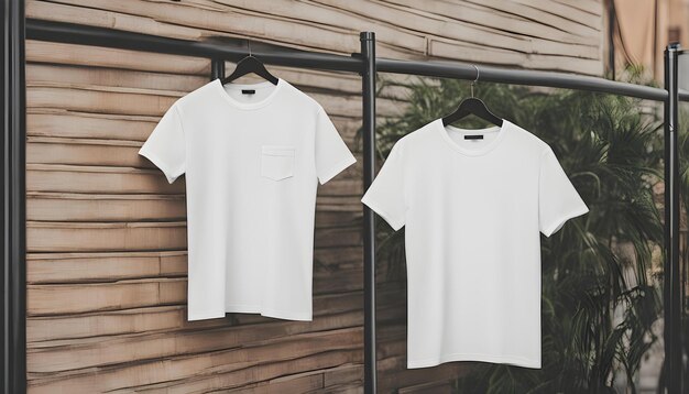 Foto uma camiseta branca pendurada em um gancho com uma camisa pendurada num gancho