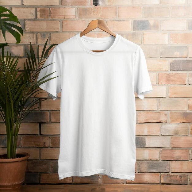 Foto uma camiseta branca pendurada em uma parede de madeira gerada ai