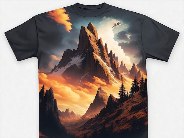 Uma camiseta com árvores e montanhas