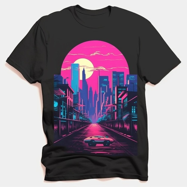 uma camiseta preta com uma cena de cidade de néon e um ai gerador de carros