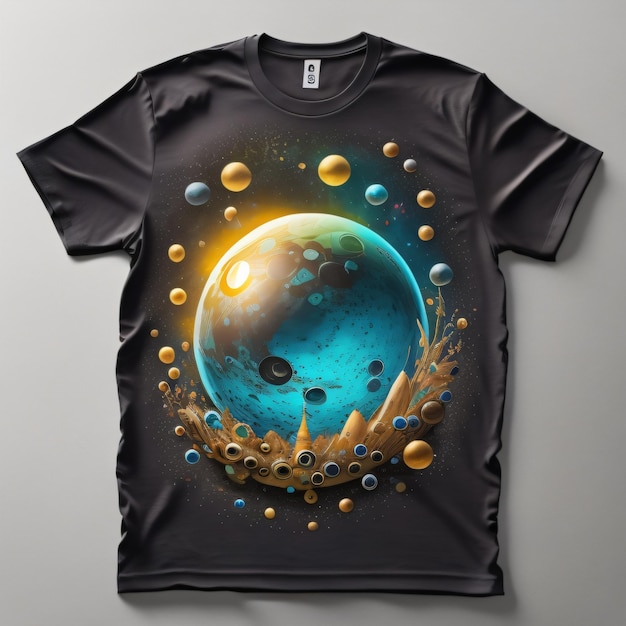 Uma camiseta preta com uma pintura de planetas e um salpico de água.