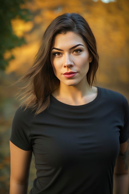 Uma camiseta preta em branco usada por um estilo casual de modelo feminino é outono lá fora