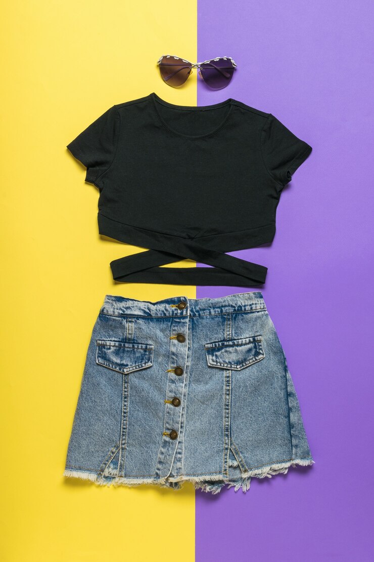 Foto uma camiseta preta, óculos pretos e uma saia jeans em uma superfície amarela e roxa