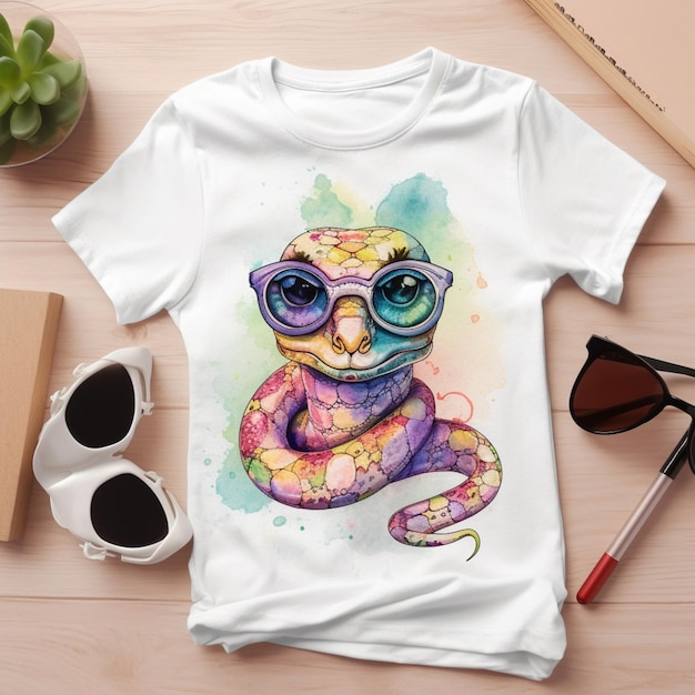 Uma camiseta que tem um camaleão de óculos e uma camisa branca que diz 'eu te amo'