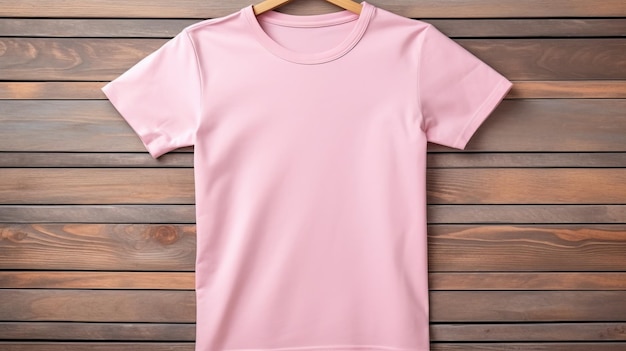 Uma camiseta rosa pendurada em uma parede de madeira criada com a tecnologia Generative AI